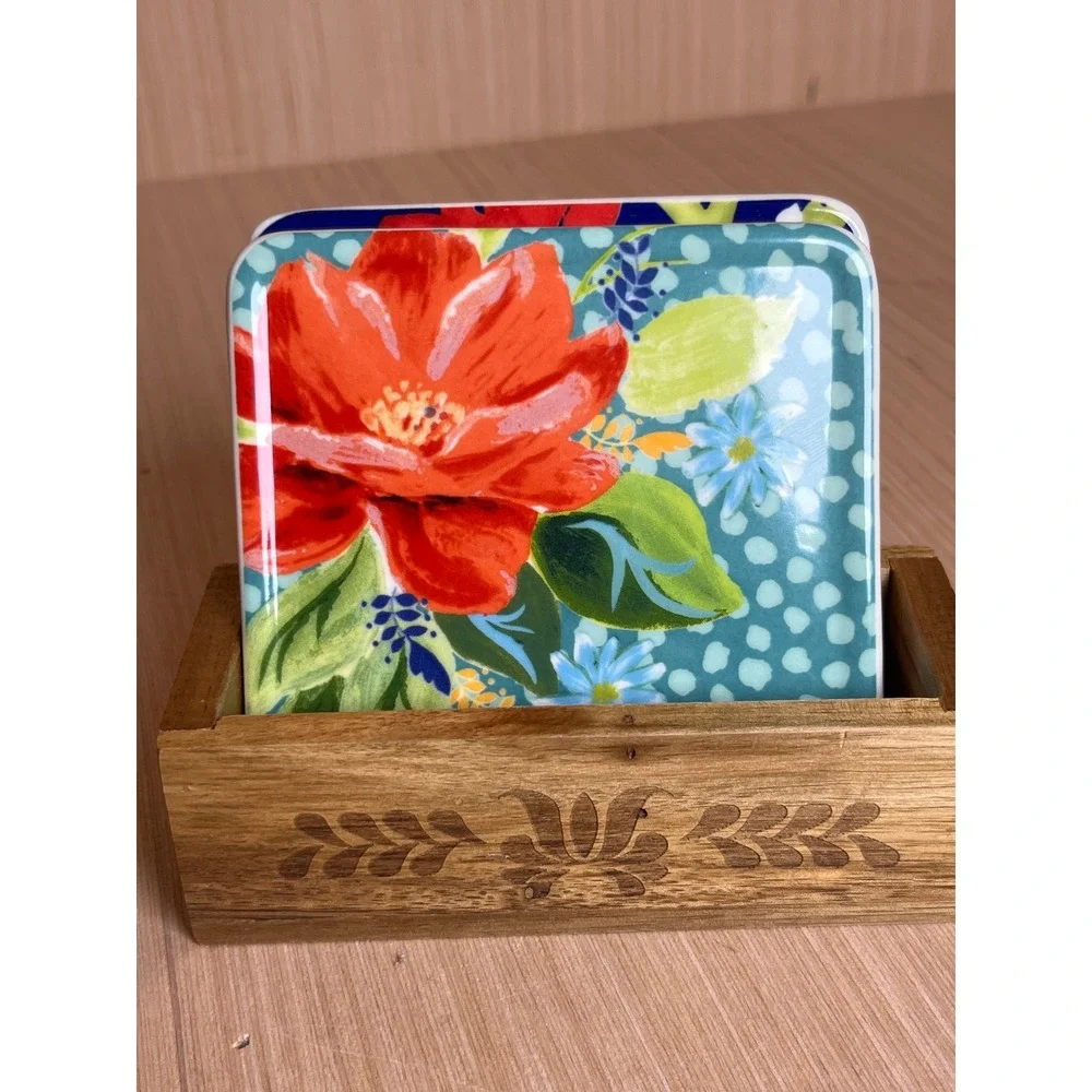 The Pioneer Woman Floral Ceramic Coaster Set of 4 with Engraved Wood Holder Boho